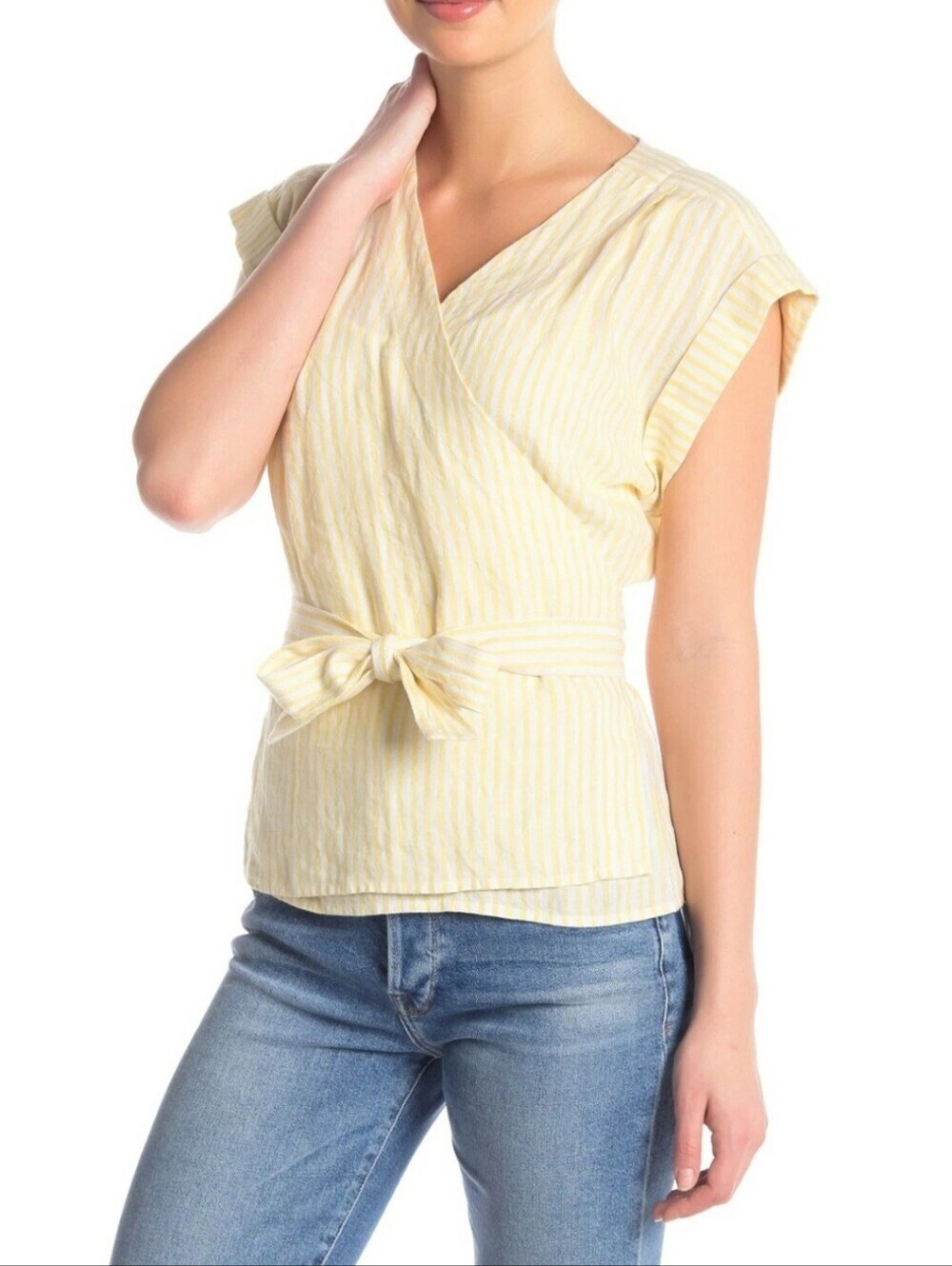 Frame Golden Haze Striped Wrap-Front Cap Sleeve Linen Top Medium summer coastal